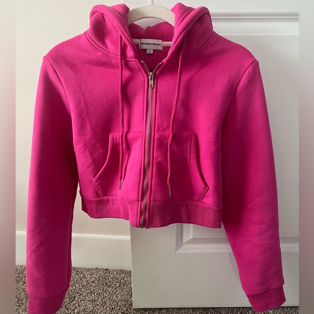 Strawberry Milk Mob Hot Pink Cropped Zip Hoodie S